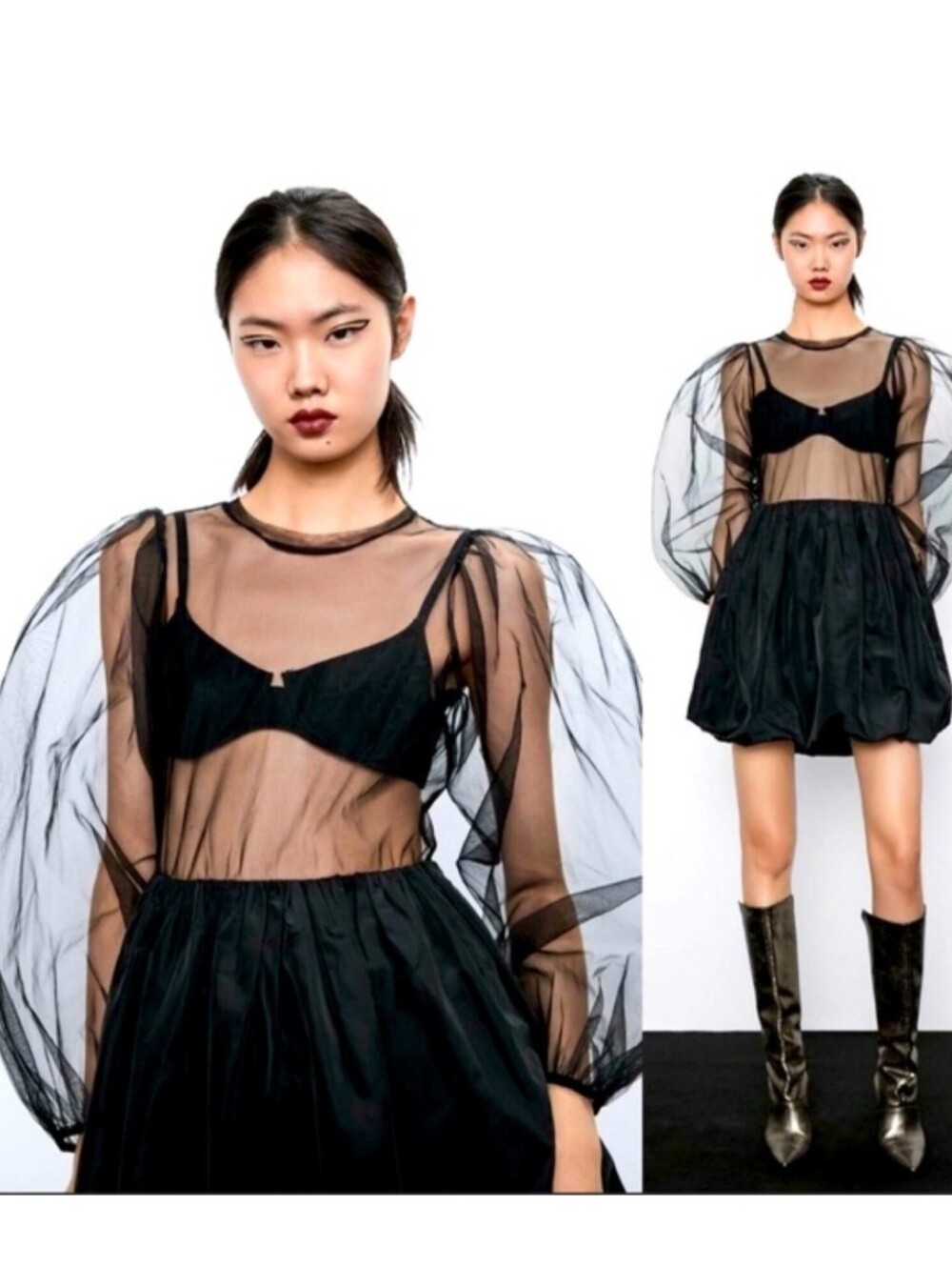 Zara Black Sheer Mesh Bodice Bubble Hem Mini Dress S